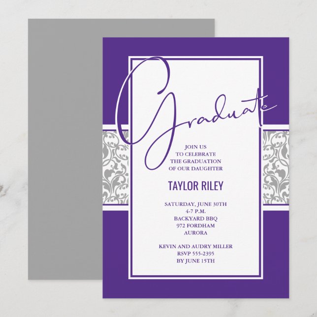 Purple and Grey Damask Graduation Invitation (Front/Back)