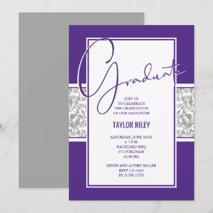Purple and Grey Damask Graduation Invitation