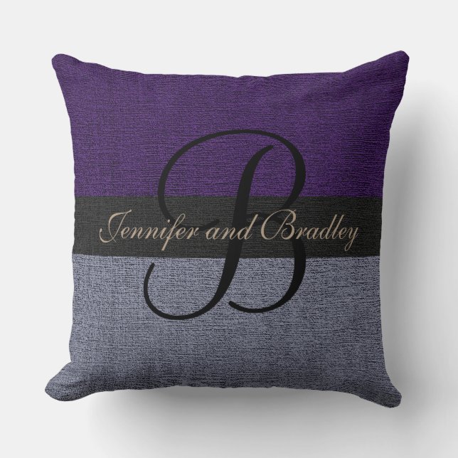 Purple and Grey Elegant Monogram Wedding Throw Pillow (Front)