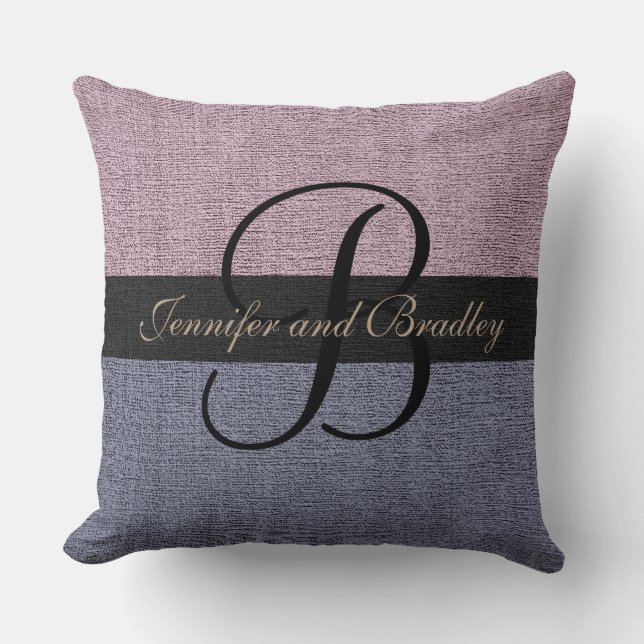 Purple and Grey Elegant Monogram Wedding Throw Pillow (Front)