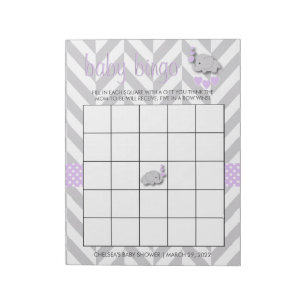Purple and Grey Elephant Baby Shower Bingo Game Notepad