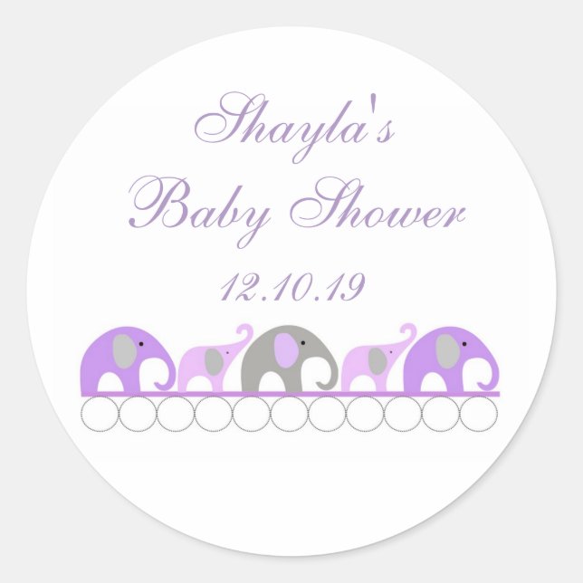 Purple and Grey Elephant Baby Shower Favour Classic Round Sticker (Front)
