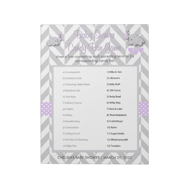 Purple and Grey Elephant Baby Shower Game Notepad (Rotated)
