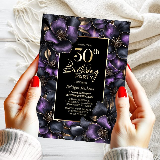 Purple and Grey Floral 30th Birthday Party Invitation (Creator Uploaded)