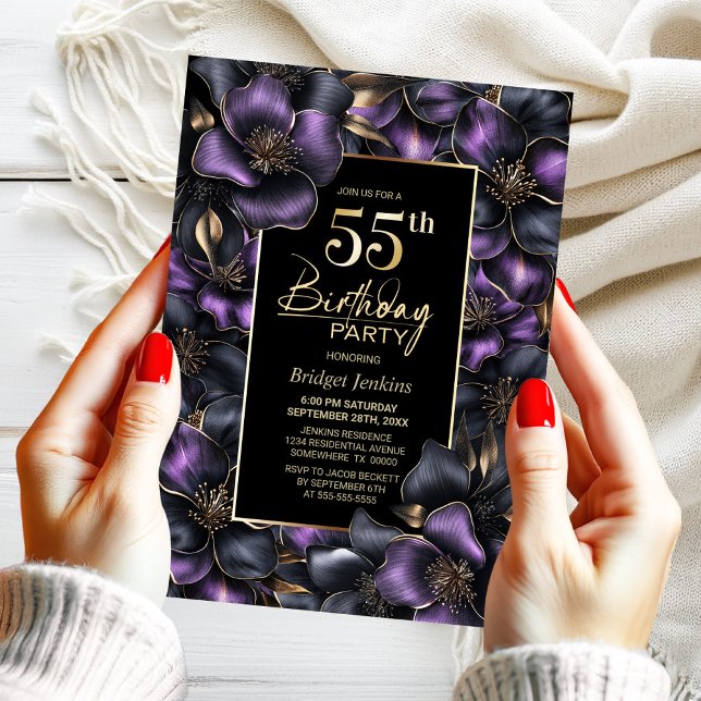 Purple and Grey Floral 55th Birthday Party Invitation (Creator Uploaded)
