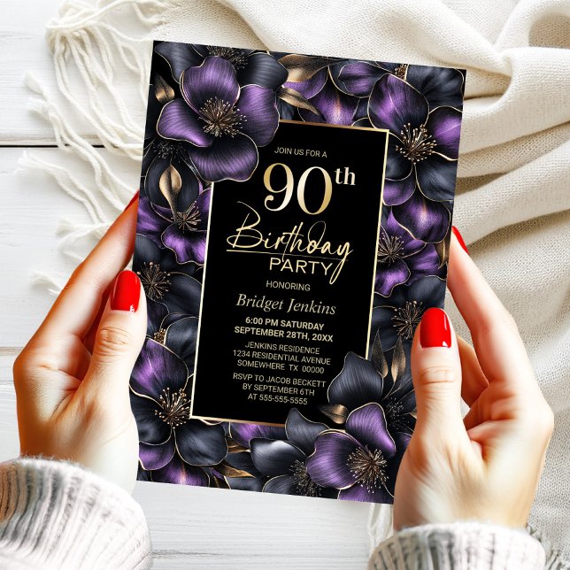 Purple and Grey Floral 90th Birthday Party Invitation (Creator Uploaded)