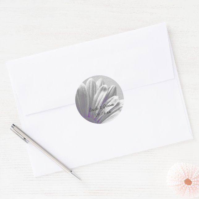 Purple and Grey Floral Highlights Wedding Classic Round Sticker (Envelope)