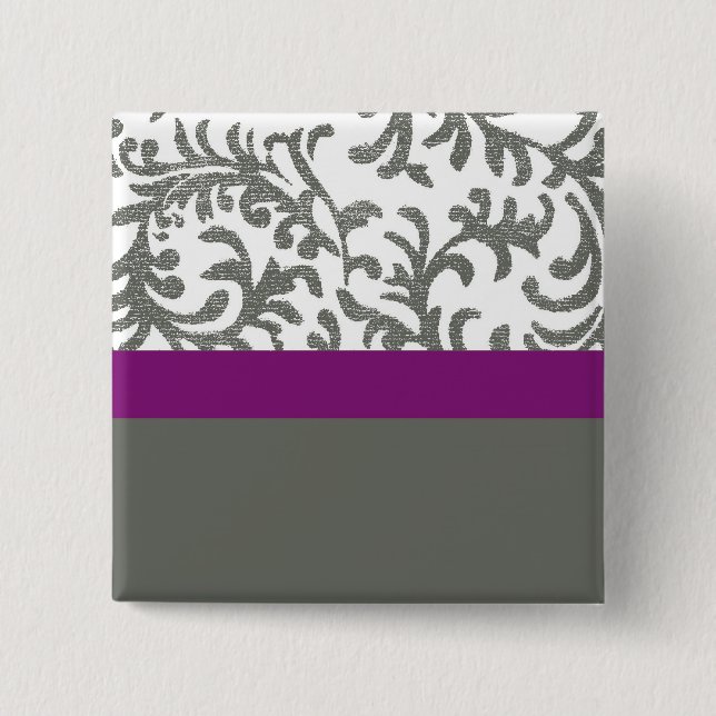 Purple and Grey Floral Pattern 2 Inch Square Button (Front)