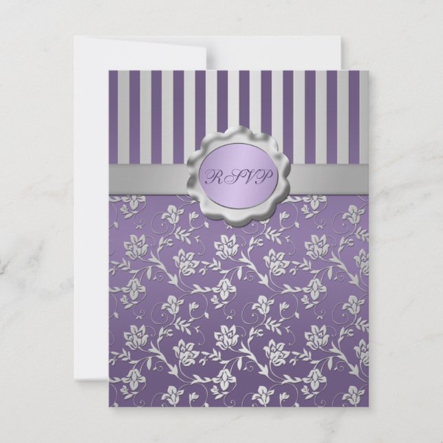 Purple and Grey Floral Striped RSVP Card (Front)