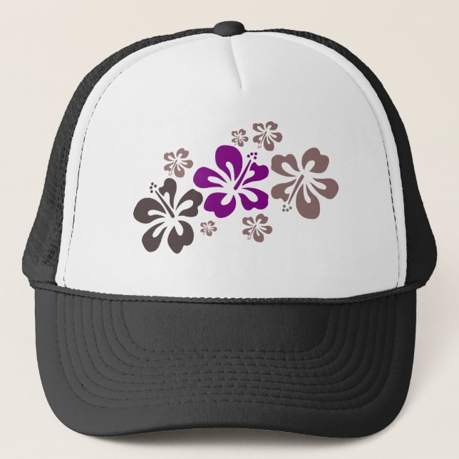 Purple and Grey Hibiscus Hawaii Souvenir Trucker Hat (Front)