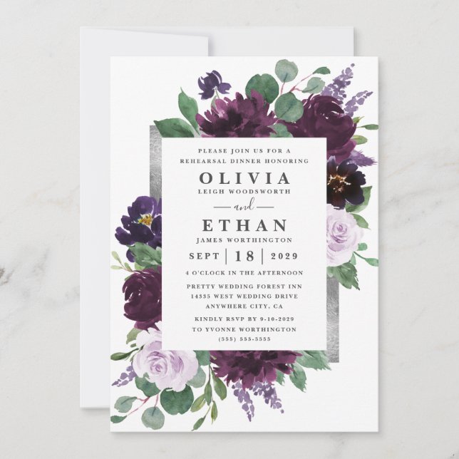 Purple and Grey Silver Watercolor Rehearsal Dinner Invitation (Front)