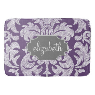 Purple and Grey Vintage Damask Pattern Monogram Bath Mat