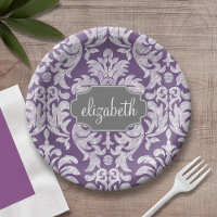 Purple and Grey Vintage Damask Pattern Monogram