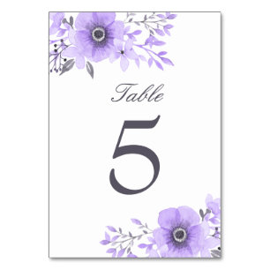 Purple and Grey Watercolor Floral Wedding Table Number