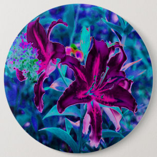 Purple and Hot Pink Abstract Oriental Lily Flowers 6 Inch Round Button