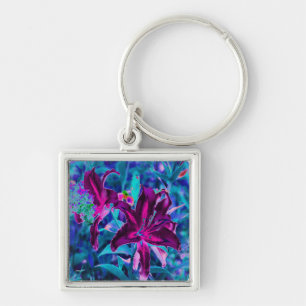 Purple and Hot Pink Abstract Oriental Lily Flowers Keychain