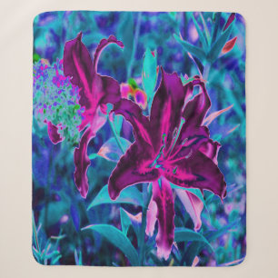 Purple and Hot Pink Abstract Oriental Lily Flowers Sherpa Blanket