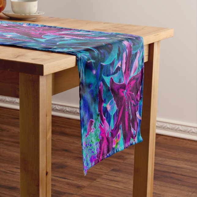 Purple and Hot Pink Abstract Oriental Lily Flowers Short Table Runner (In Situ)