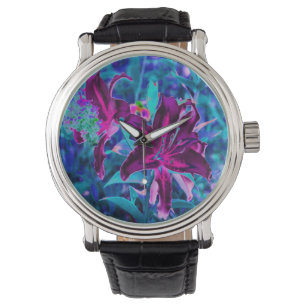 Purple and Hot Pink Abstract Oriental Lily Flowers Watch