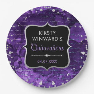 Purple and Iridescent Glitter Letters Quinceanera Paper Plate