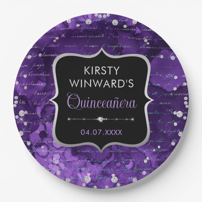Purple and Iridescent Glitter Letters Quinceanera Paper Plate (Front)