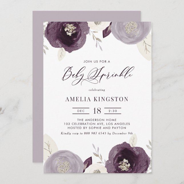 Purple and Ivory Flowers Silver Baby Sprinkle Invitation (Front/Back)