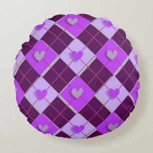 Purple And Lavender Argyle Hearts Round Pillow