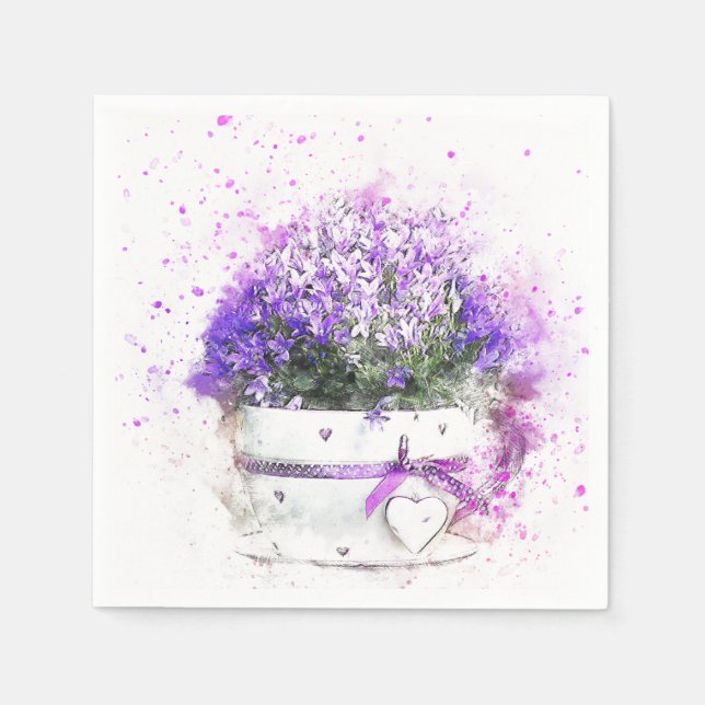 Purple and lavender flowers in pink and white pot napkin (Front)