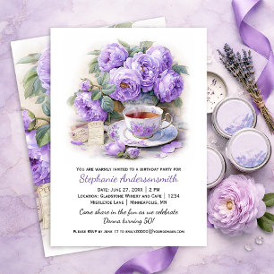 Purple and Lavender Peonies Tea Cup Birthday Party Invitation
