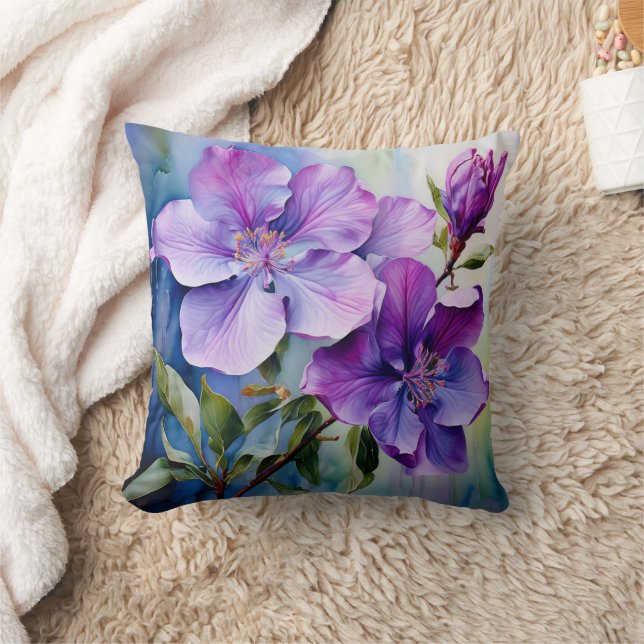 Purple and Lavender Watercolor Flowers Botanical Throw Pillow (Blanket)