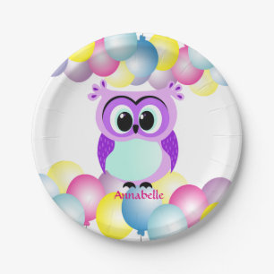 Purple and lilac mother and baby owl cartoon paper plate