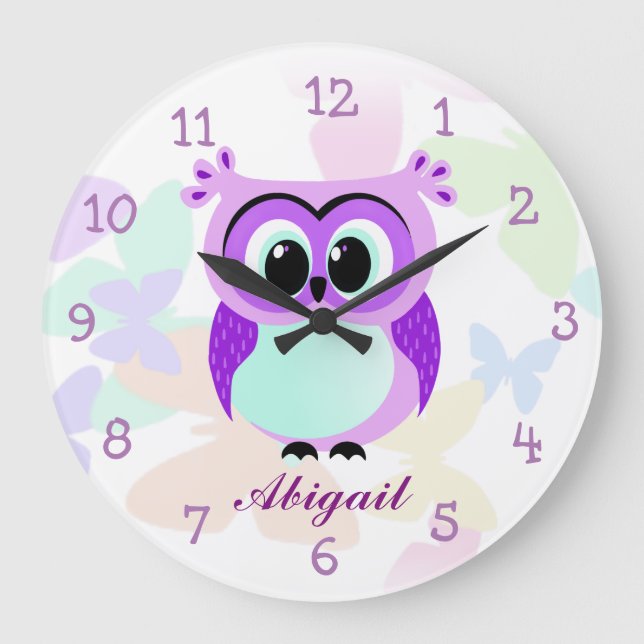 Purple and lilac mother and baby owl illustration large clock (Front)