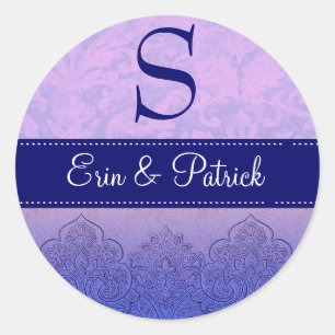 Purple and Lilac Wedding Damask Monogram C547A Classic Round Sticker