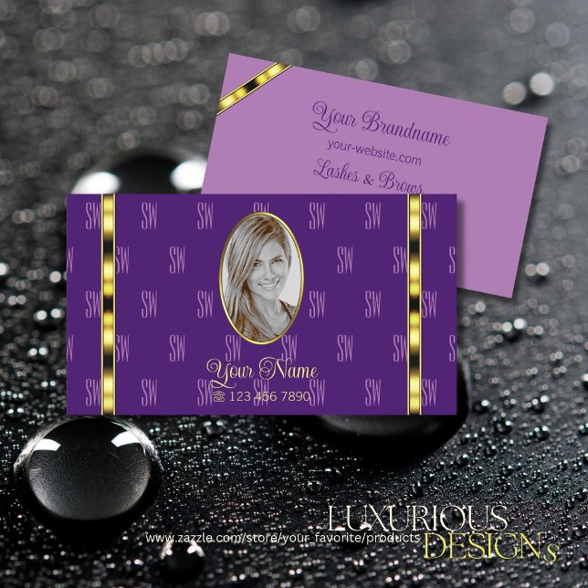 Purple and Lilac with Photo Chic Patterned Letters Business Card (Creator Uploaded)