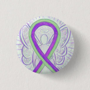 Purple and Lime Awareness Ribbon Angel Button Pin
