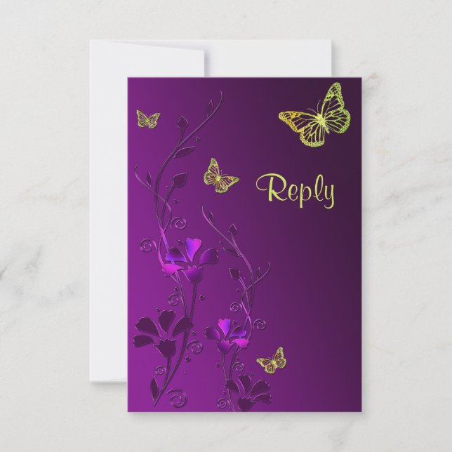 Purple and Lime Floral Butterflies Reply Card (Front)