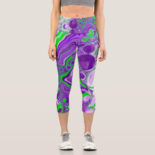 Purple and Lime Green Marble Fluid Art Capri Leggings