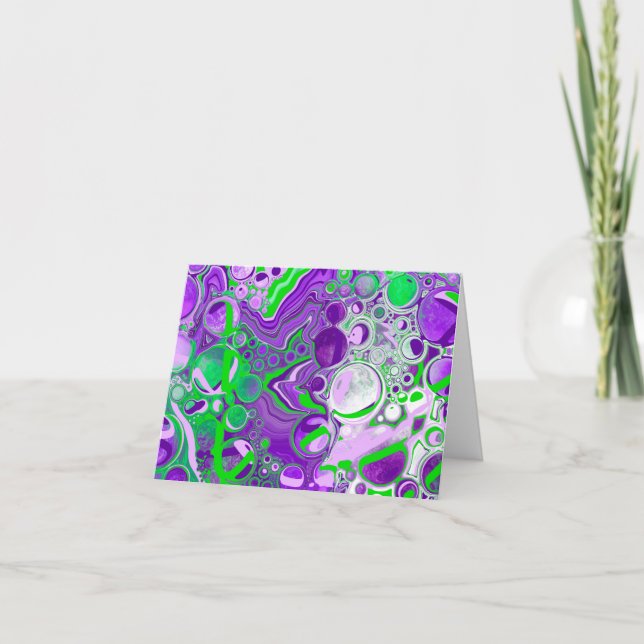 Purple and Lime Green Marble Fluid Art  Note Card (Front)