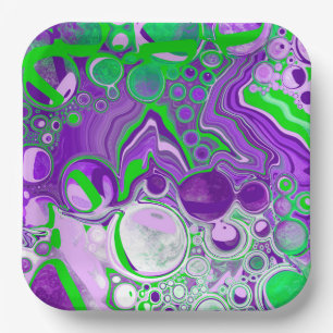 Purple and Lime Green Marble Fluid Art  Paper Plate
