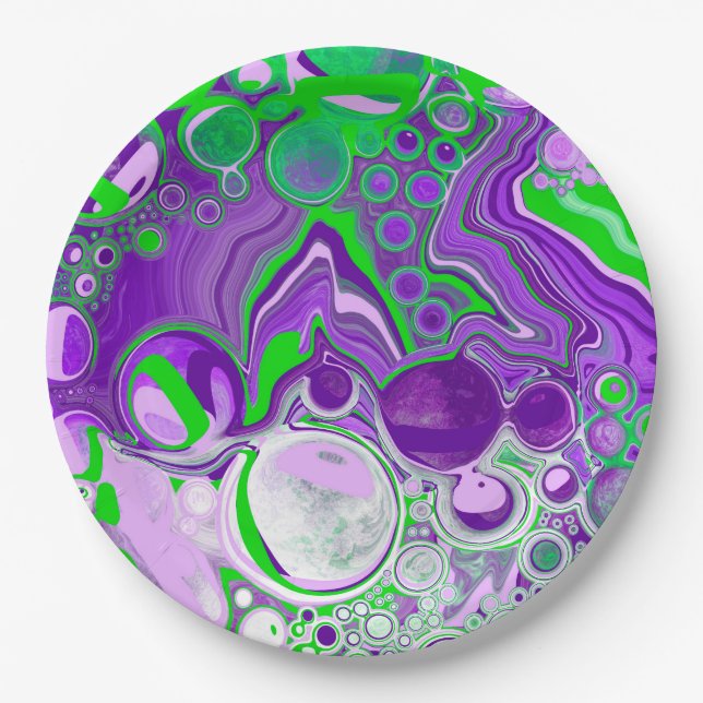 Purple and Lime Green Marble Fluid Art    Paper Plate (Front)