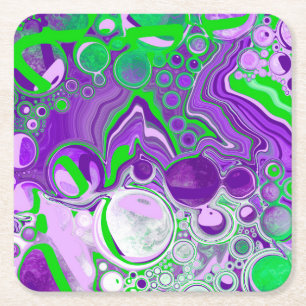 Purple and Lime Green Marble Fluid Art Square Paper Coaster