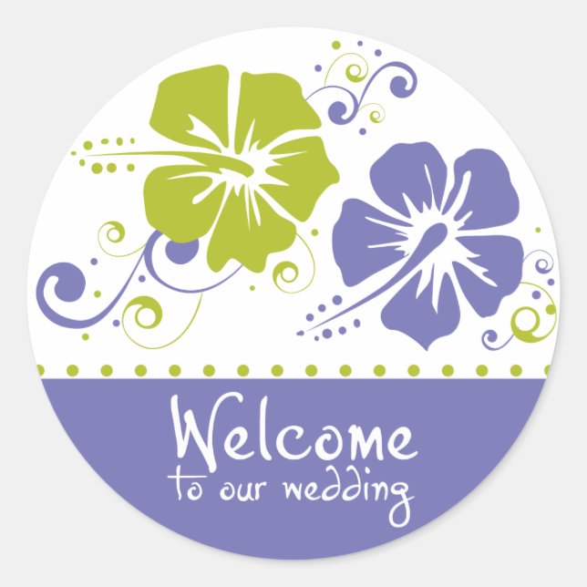 Purple and Lime Hibiscus Flower Wedding Wedding Classic Round Sticker (Front)