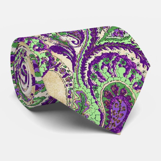 Purple and Lime Paisley Wedding Tie (Rolled)