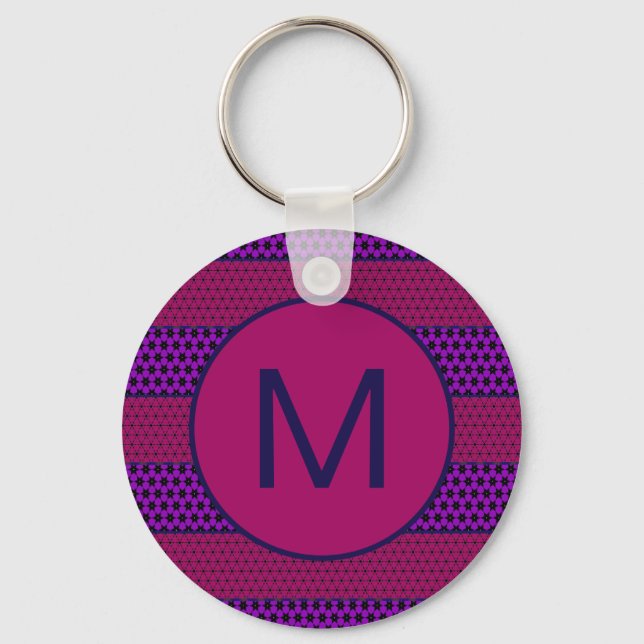 Purple and Magenta Pattern Striped Monogram Keychain (Front)
