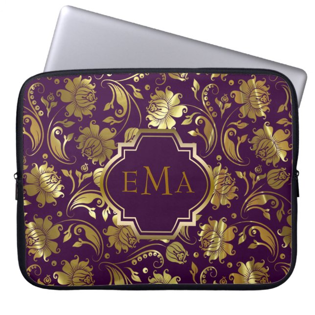 Purple And Metallic Gold Floral Pattern Laptop Sleeve (Front)