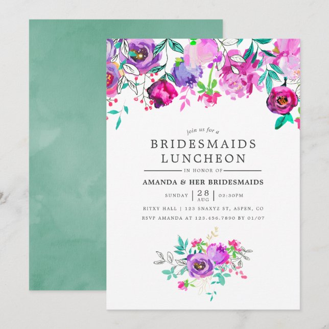 Purple and Mint Floral Bridesmaids Luncheon invite (Front/Back)