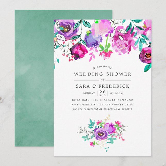 Purple and Mint Floral Wedding Shower invitation (Front/Back)