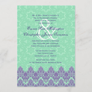 Purple and Mint Green Lace Damask Wedding V12 Invitation
