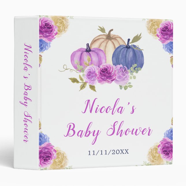 Purple and Navy Blue  Floral Pumpkins Baby Shower Binder (Front/Spine)