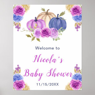 Purple and Navy Blue Floral Pumpkins Baby Shower Poster